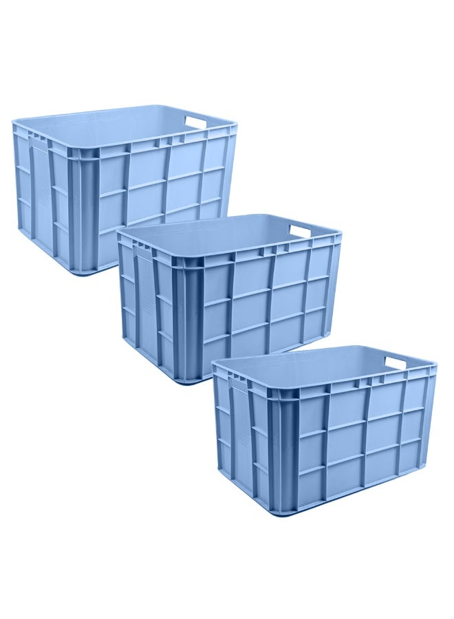 3pcs of Plastic Storage Fish/Multipurpose Crate Box 600×400×350 mm 72L Stackable Heavy Duty Reinforced Walls Anti-Slip Base for Home Industrial Commercial Delivery - Blue